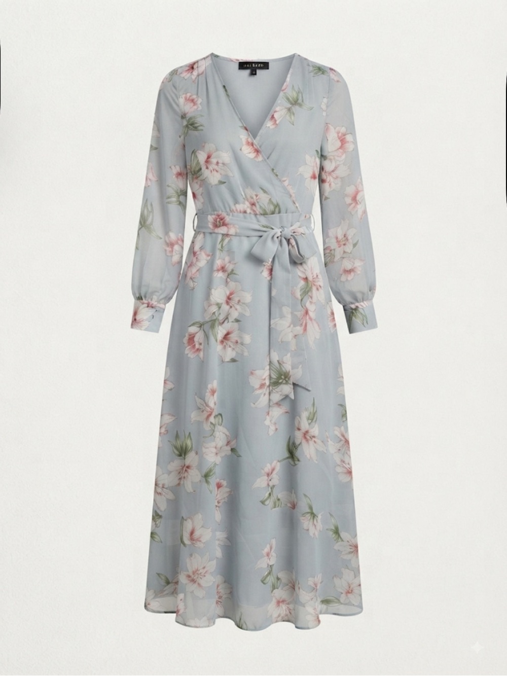 JessaKae Pale Blue Floral Wrap Maxi Dress with Pink Blossoms